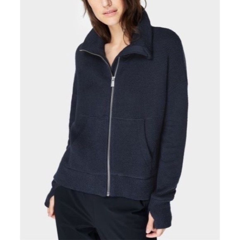 Sweaty Betty Restful Boucle Zip-Up Jacket Navy Blue Size XXL